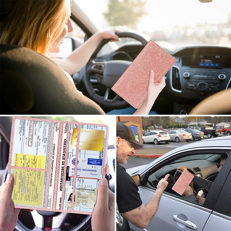 TILDOSAC 2 Ppack Leather Car Registration and Insurance Card Holder, Car Document Holder for Cards License with Magnetic Shut(Glitter Pink-Ear - Image 3